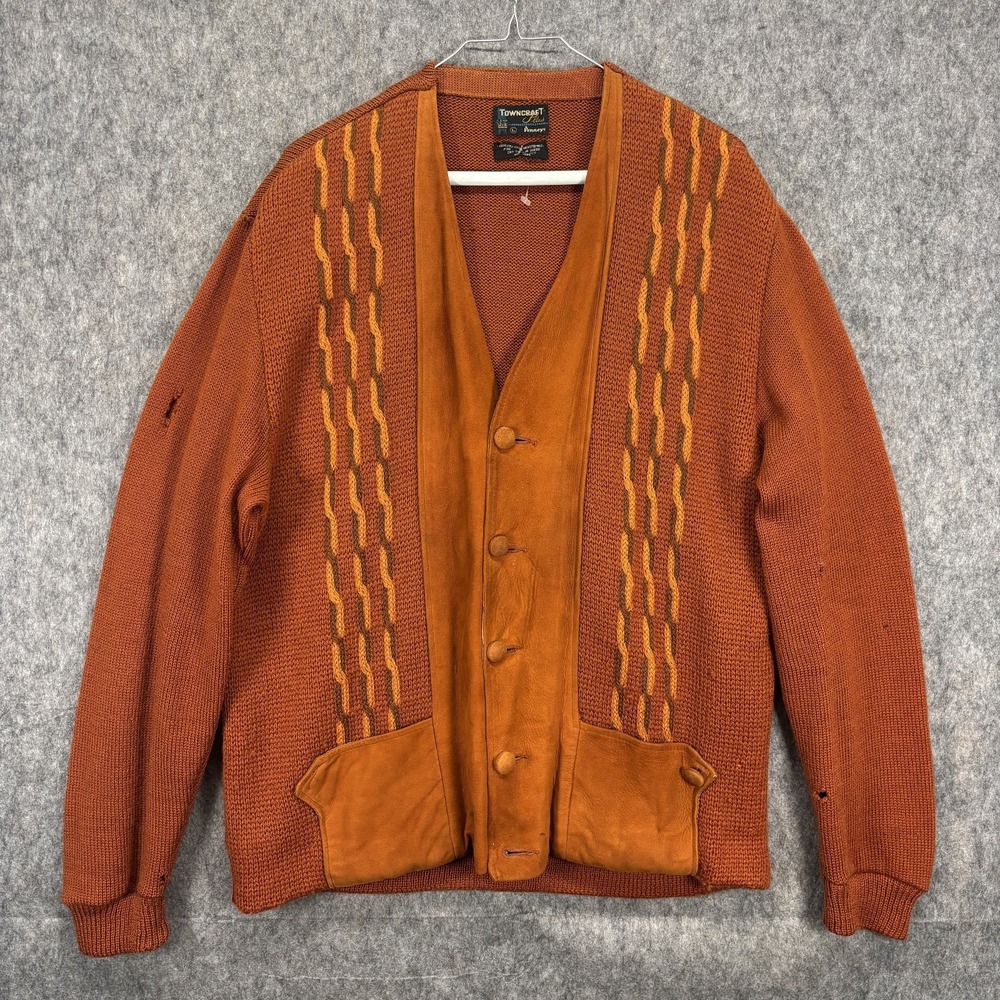 Penneys Towncraft True Vintage Cardigan Sweater Wool Suede Orange 70s Knit Large